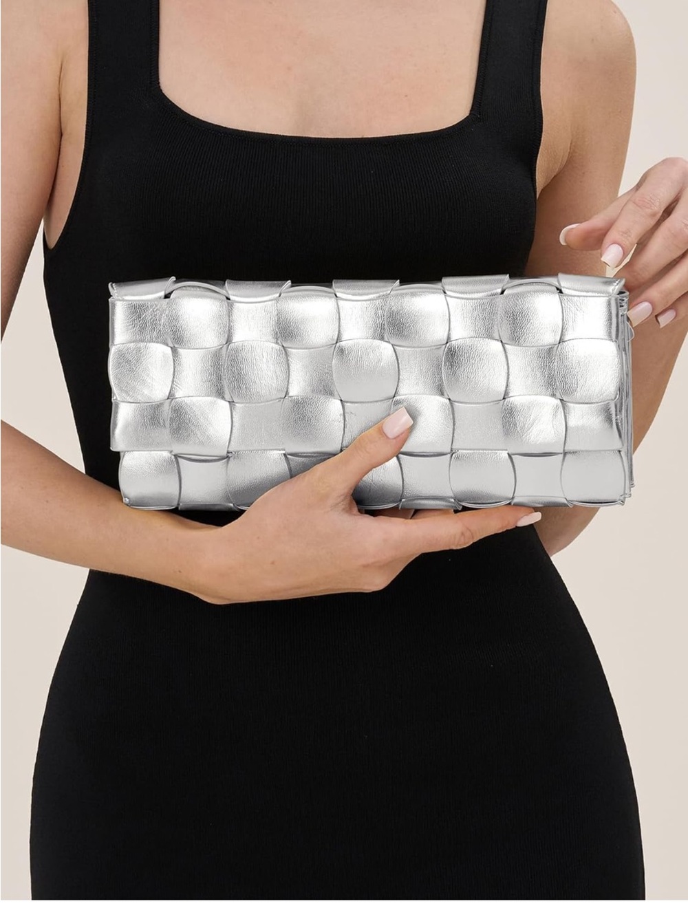 Woven Metallic Clutch — Silver Evening Wristlet
